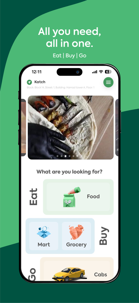 Katch! KW - Katch KWアプリのホーム画面。フードデリバリー、食料品店、タクシー予約のカテゴリが表示されています。