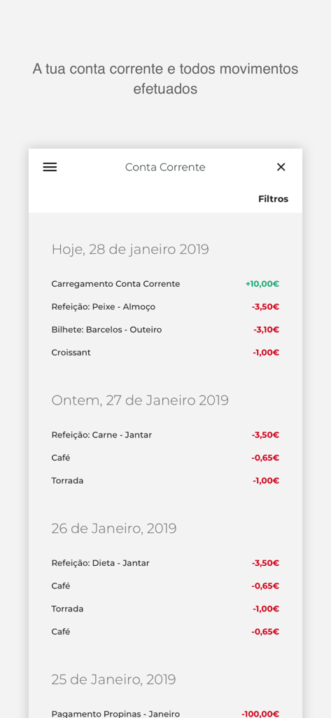 Plataforma sasocial - Transaction history screen in the Plataforma sasocial app showing student expenses for meals and tuition.