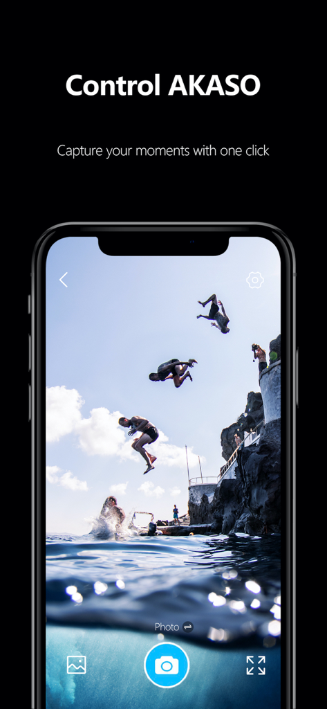 Smartphone screen showing the AKASO GO app remote control interface with a live preview of people cliff jumping