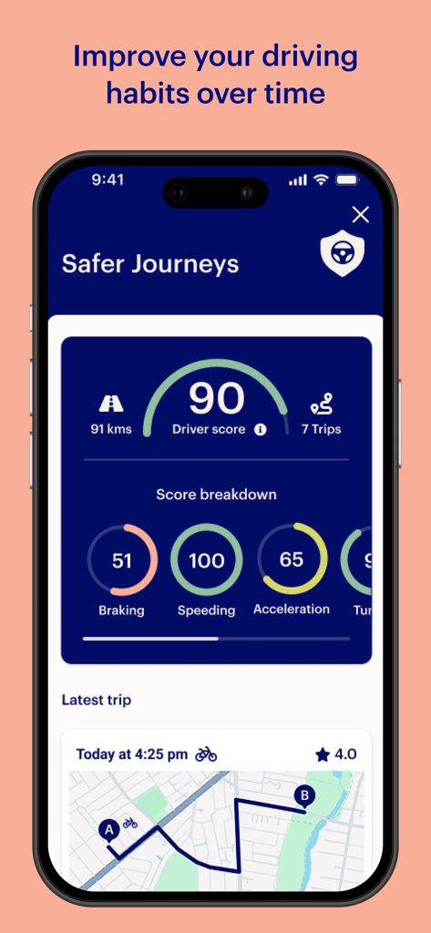NRMA Insurance - Screenshot of NRMA Insurance app Safer Journeys screen displaying a driver score of 90 and detailed breakdown of driving habits