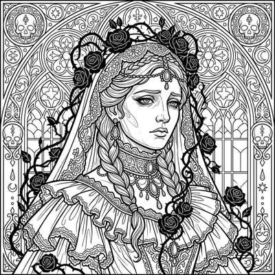 Delve into the captivating world of Gothic art with this exquisite portrait coloring page. Featuring a beautifully melancholic figure adorned with intricate roses and Victorian lace, it offers a rich and immersive coloring experience.