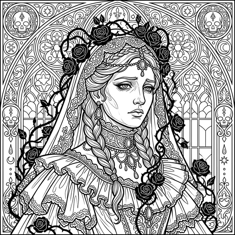 Delve into the captivating world of Gothic art with this exquisite portrait coloring page. Featuring a beautifully melancholic figure adorned with intricate roses and Victorian lace, it offers a rich and immersive coloring experience.