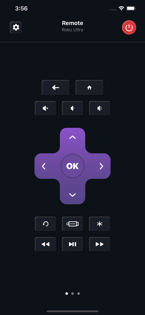 Mobile app interface for Universal TV Remote controlling a Roku Ultra device featuring a purple directional pad and playback buttons