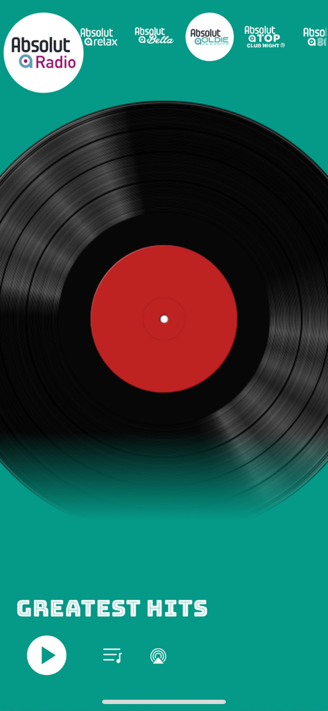 Pantalla del reproductor de música de la aplicación Absolut Radio con un disco de vinilo girando y el texto Greatest Hits