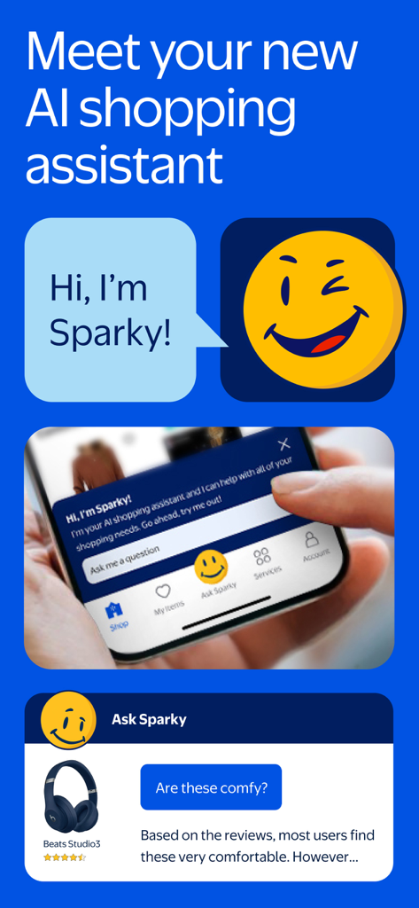 Une icône jaune souriante et clignotante nommée Sparky, l'assistant d'achat IA de Walmart, aide un utilisateur à répondre à ses questions sur les produits via un smartphone.