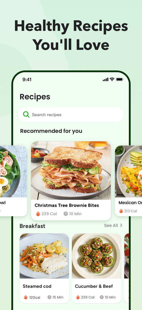 Calo Care: AI Calorie Tracker - Interfaz de la aplicación Calo Care que muestra una variedad de recetas saludables con recuento de calorías y tiempos de preparación