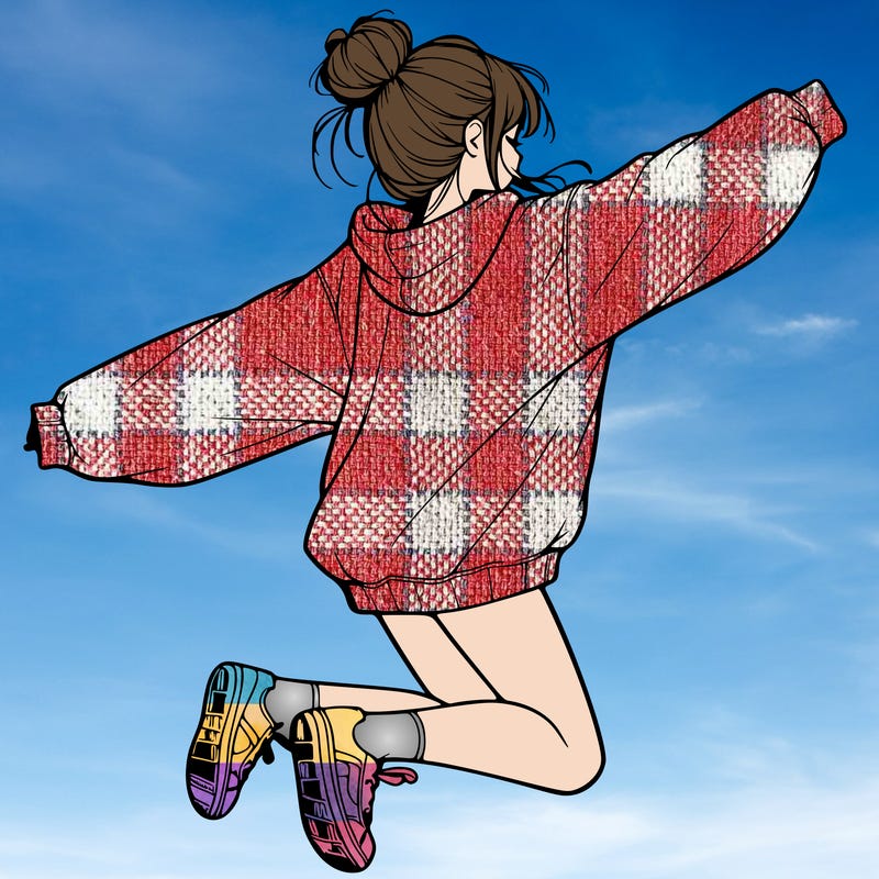 realistic girl jumping with a bun and oversized sweatshirt