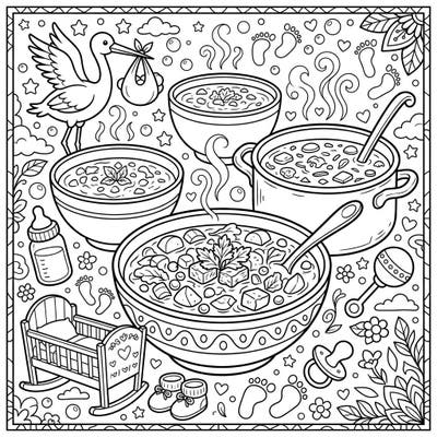 Celebrate new beginnings with our adorable Baby Shower Soups & Stews coloring page, blending cozy culinary delights with sweet nursery items. This unique design features a stork, crib, and hearty bowls, perfect for a heartwarming and creative experience.