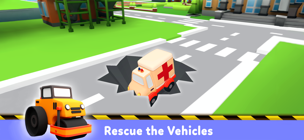 Truck Game for 5 year old Boys - Un'ambulanza bloccata in una buca stradale con un rullo stradale nelle vicinanze e il testo che dice salva i veicoli