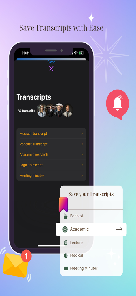 Interface of the AI Transcribe app displaying saved transcriptions categorized by professional fields