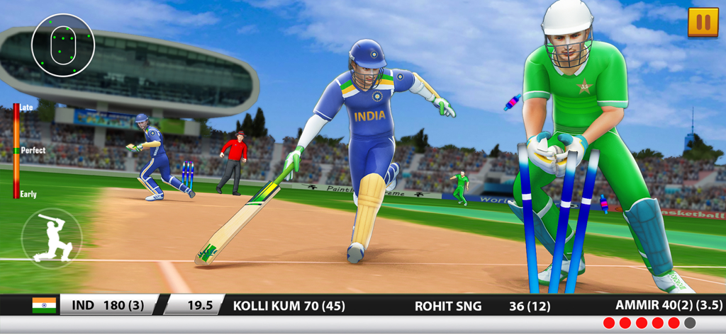Cricket match gameplay between India and Pakistan in a 3D mobile game stadium