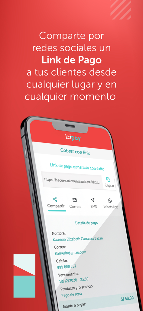 izipay - A mobile phone showing the izipay app screen for generating and sharing a payment link via social media