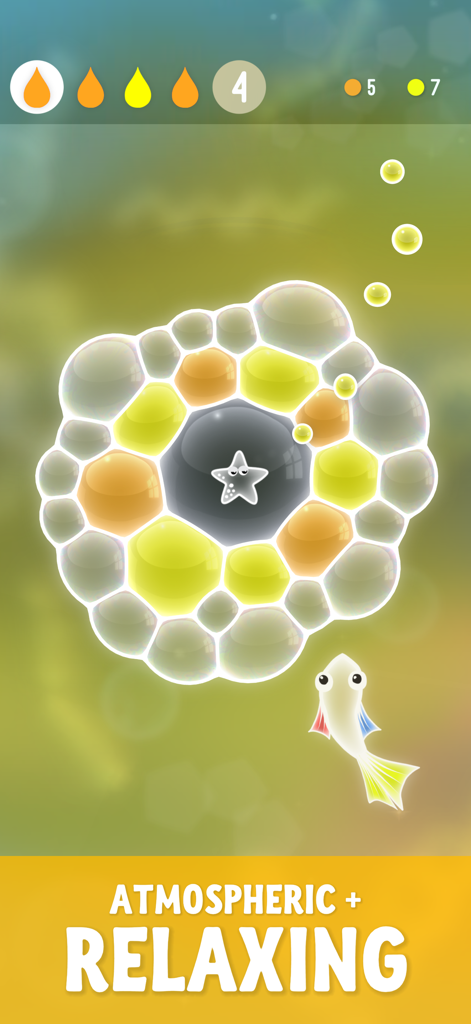 Tiny Bubbles mobile game screenshot featuring a relaxing puzzle with colorful soap bubbles and a small fish.