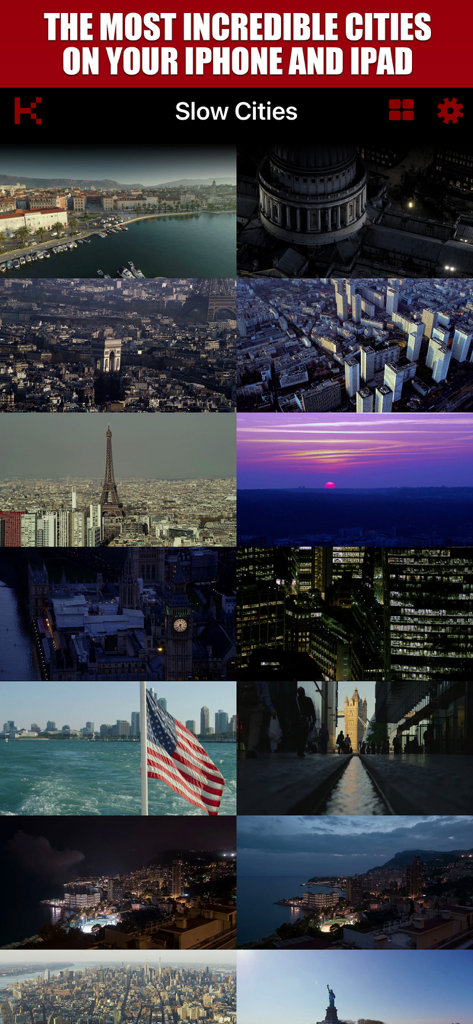 Slow Motion Cities 4K - A grid of cinematic 4K cityscapes from around the world including Paris and London