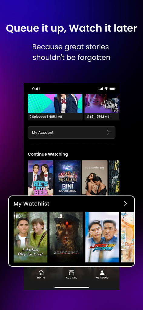 iWantTFC - Una pantalla de la aplicación iWantTFC que destaca las funciones Mi lista de seguimiento y Continuar viendo películas y programas filipinos.