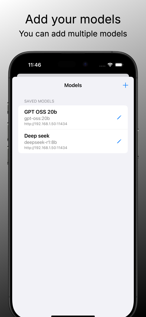 Interface of the Private LLM app showing a list of saved local AI models with their IP endpoints and an option to add more.