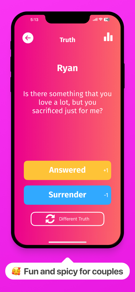 Truth or Dare? Party & Couple - Smartphone screen showing a romantic truth question for couples in the Truth or Dare app.