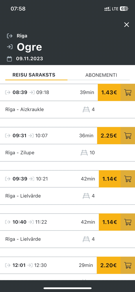 Vivi Latvija - Train schedule results for Riga to Ogre in the Vivi Latvija app showing trip times and ticket prices