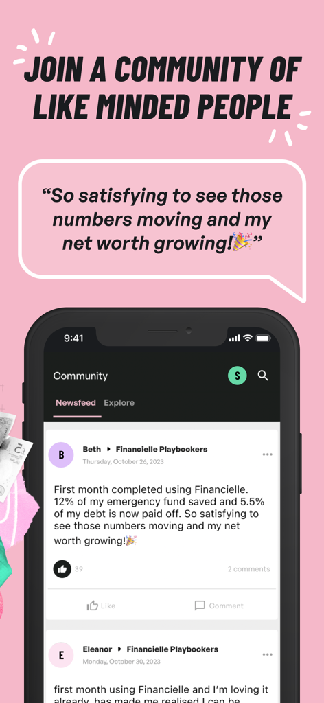 Feed de noticias de la comunidad de la aplicación Financielle donde los usuarios comparten su progreso y objetivos financieros.