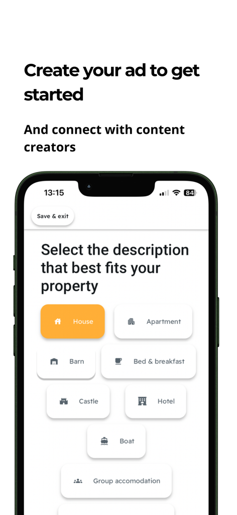 Stayfluence - ホストが家やホテルなどの物件カテゴリを選択するためのStayfluenceアプリのインターフェース