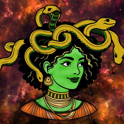 realistic woman snakes on head