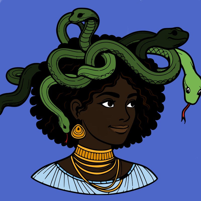 realistic woman snakes on head