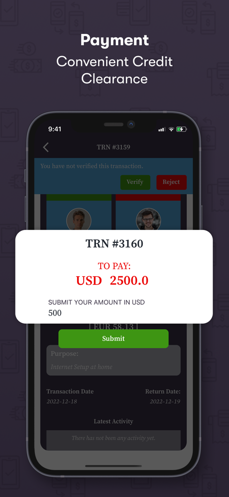 IOU-Money - Interface do aplicativo IOU-Money mostrando um pop-up de pagamento para liquidar crédito e rastrear dívidas