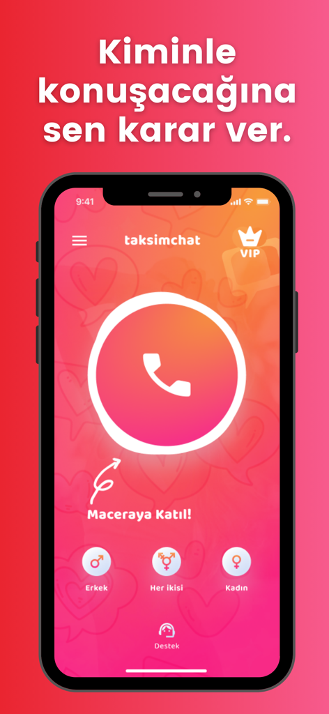 Taksim Chat - Muhabbet hattı - 익명 채팅을 위한 중앙 음성 통화 버튼과 성별 선택 옵션을 보여주는 탁심 챗 앱의 인터페이스.