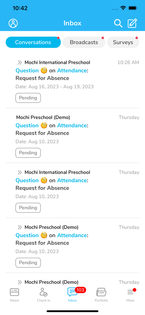 Little Family Room for Parents - Inbox screen of the Little Family Room app showing a list of pending school absence requests and communications