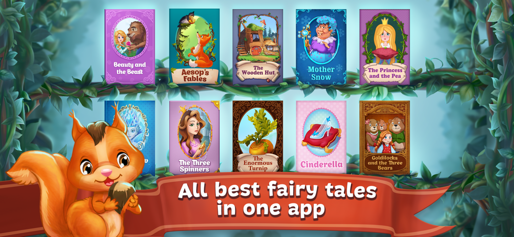 A library of interactive fairy tale books for children featuring classics like Cinderella and Beauty and the Beast