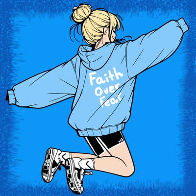 realistic girl jumping with a bun and oversized sweatshirt