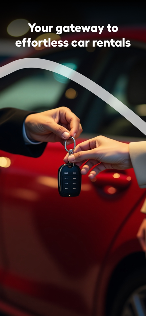 Comfy - كومفي - A close up of hands exchanging car keys in front of a red vehicle with the text Your gateway to effortless car rentals