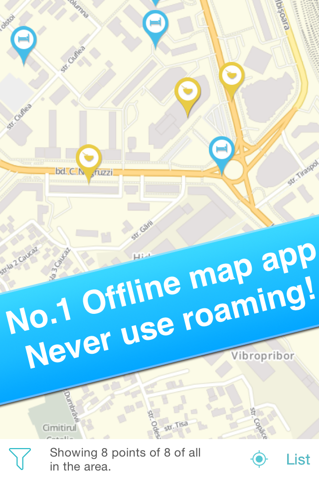 Carte hors ligne de Kichinev indiquant les points d'intérêt pour les hôtels et les restaurants