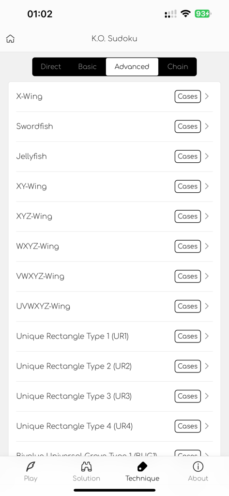 K.O. Sudoku Pro - A menu showing advanced Sudoku solving techniques such as X-Wing and Swordfish in the K.O. Sudoku Pro app