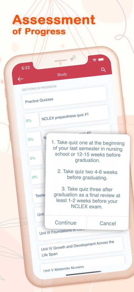 Écran de l'application Saunders NCLEX-RN montrant l'évaluation des progrès et une fenêtre contextuelle de chronologie des quiz d'étude recommandés