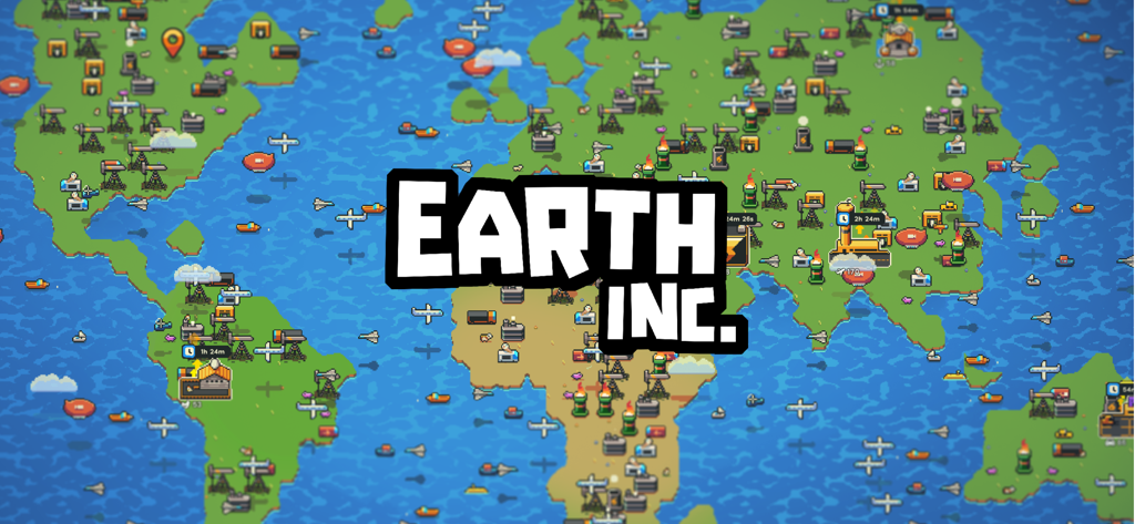 Earth Inc. Tycoon Idle Miner - Earth Inc. Tycoon Idle Miner Logo über einer Weltkarte, die den globalen industriellen Fortschritt zeigt