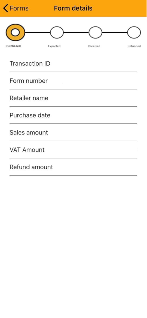 Un formulario digital de reembolso de IVA que muestra los detalles de la compra y el seguimiento del estado