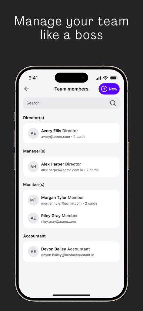 Wamo business app interface showing a list of team members categorized by roles such as Director, Manager, and Member.