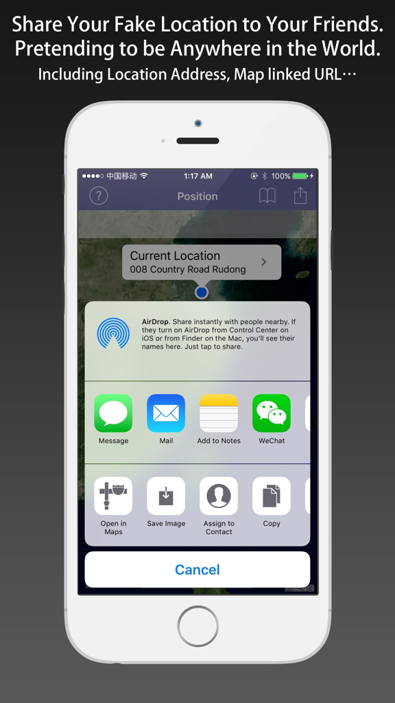 LocFaker app showing location sharing options on an iPhone screen.