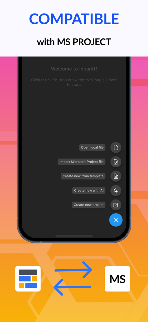 Gantt chart AI planner Ingantt - Interface de l'application mobile Ingantt montrant les options d'importation de fichiers Microsoft Project et de création de plans avec l'IA