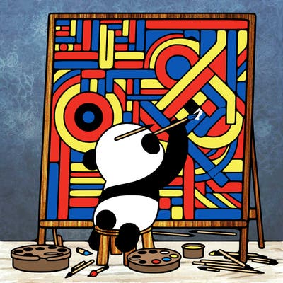 panda painting a large picasso painting while on a trailway