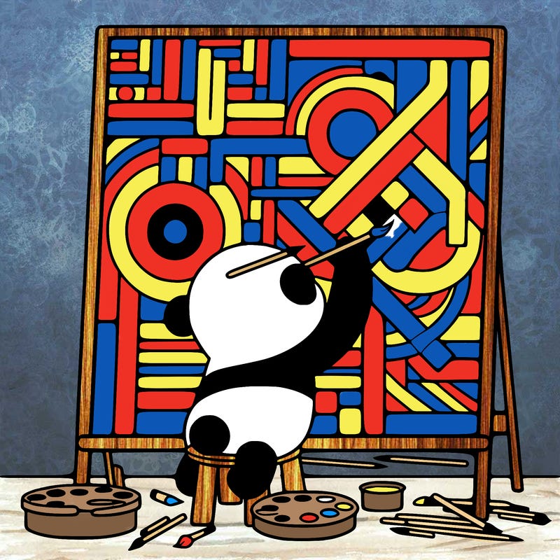 panda painting a large picasso painting while on a trailway