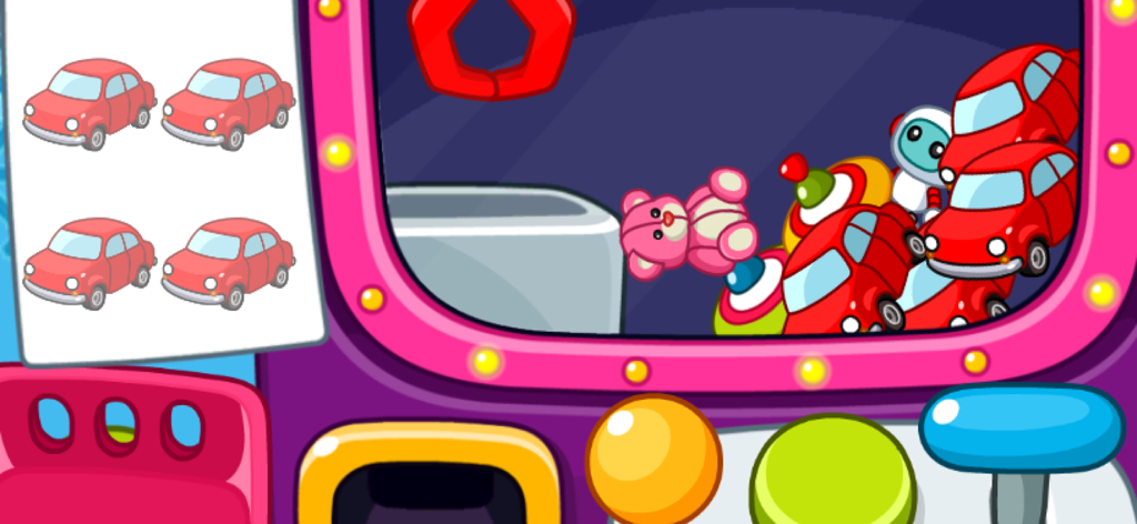 Un colorato gioco di gru giocattolo digitale per bambini con macchinine e un orsacchiotto