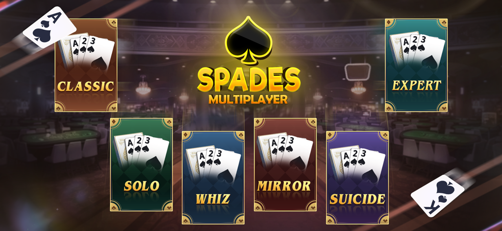 Spades Multiplayer - Menu de seleção mostrando os modos de jogo para Spades Multiplayer, incluindo Clássico, Solo, Whiz, Mirror, Suicide e Expert.