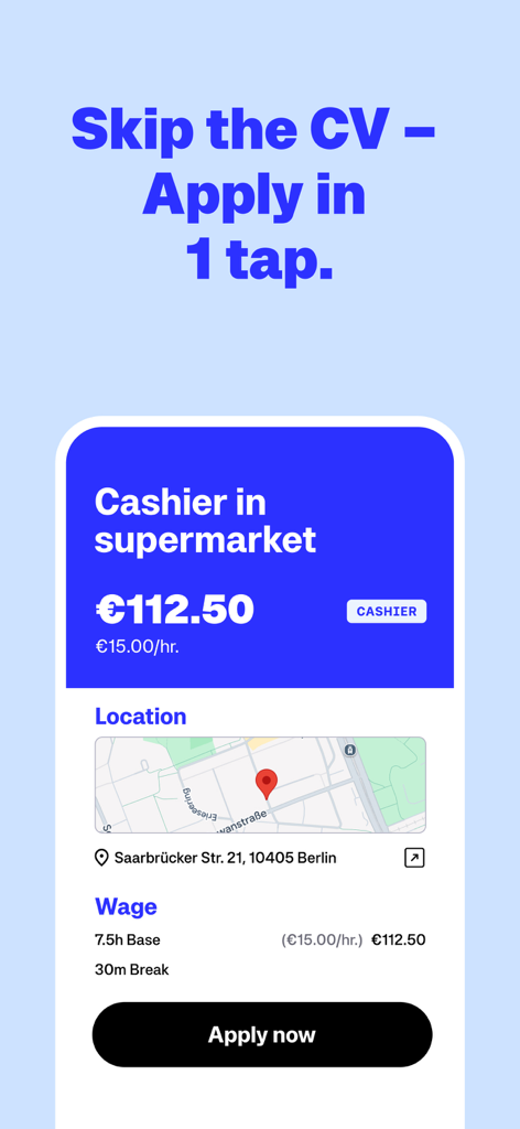 Zenjob mobile app interface showing a cashier job offer with a one-tap application button