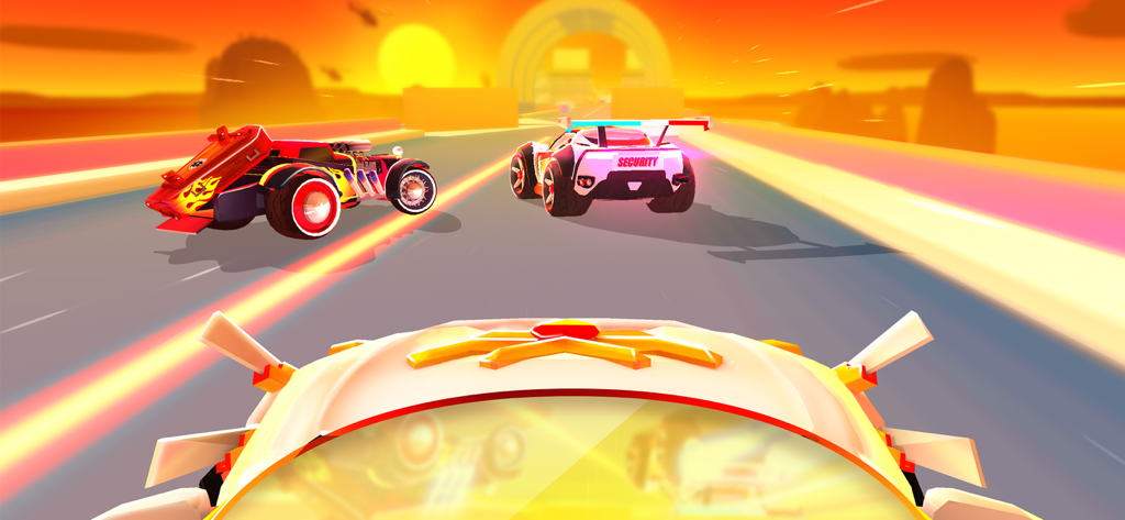 SUP Multiplayer Racing - Gara automobilistica multiplayer stilizzata su un tracciato durante un luminoso tramonto