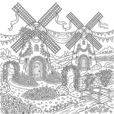 Step into a world of romance with this beautiful coloring page featuring grain windmills adorned for a wedding celebration. Enjoy bringing to life floral arches, festive banners, and a serene landscape with your creative colors.