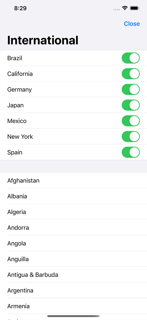 RadioApp - A Simple Radio App - Interface showing a list of countries and regions to enable international radio stations in RadioApp