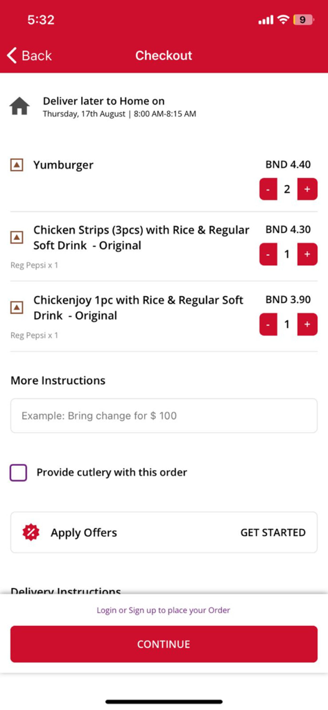 Jollibee Brunei - Jollibee Brunei app checkout screen showing an order summary with Yumburger and Chickenjoy meals.
