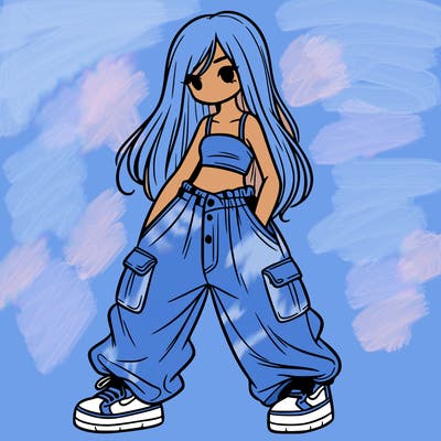 girl in baggy pants, crop top, and long hair